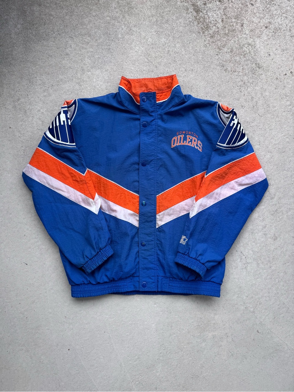 STARTER Blue and Orange Edmonton Oilers Chevron Track Jacket